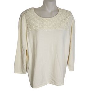 Alfred Dunner Womens Sweater Small Crochet Lace Ivory Knit 3/4 Sleeve Sequins